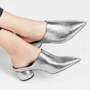 [Vince] Metallic Crackled Leather Eaton Pointed Toe Mule Architectural Heel Sz 8